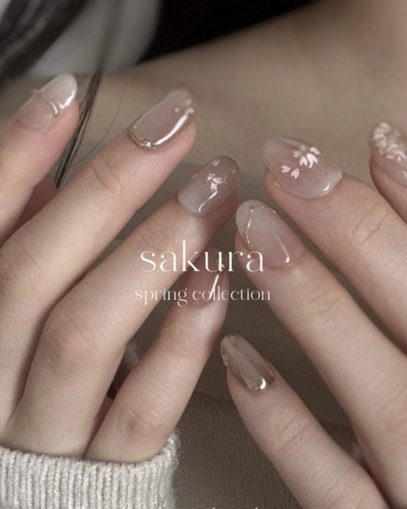 Sakura spring collection — handmade press-on nails with hand-painted cherry blossoms